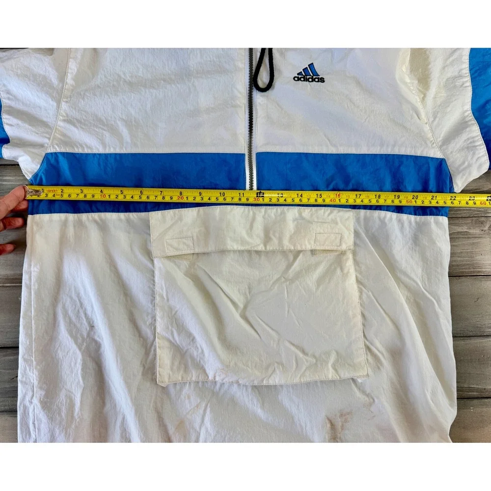 Vintage‎ Adidas Anorak Windbreaker Jacket Medium Tall White Blue Half Zip Hood